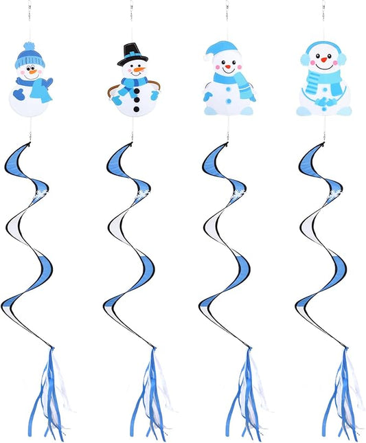 Beeveer 4 Pcs 51'' Snowman Wind Socks for Outdoor Winter Wind Spinners Winter Snowflake Spirals Streamers Hanging Nylon Fabric Snowman Windsock for Christmas Holiday Yard Balcony Outdoor Decorations