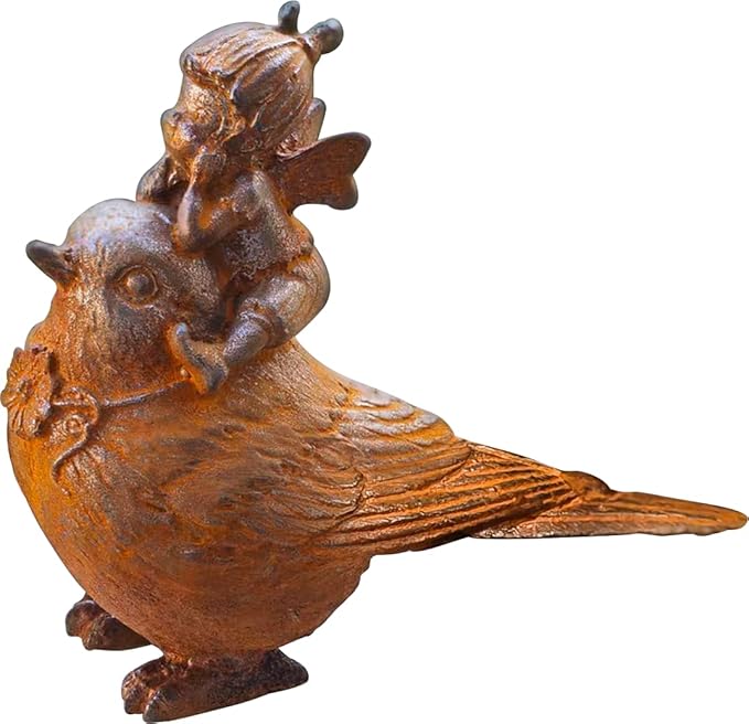 Cast Iron Fairy & Bird Garden Statue – Vintage Rustic Outdoor Decor, Heavy-Duty Metal Figurine for Patio Lawn Porch Flower Beds & Home Accents, Weather-Resistant Yard Ornament (Rustic-B)