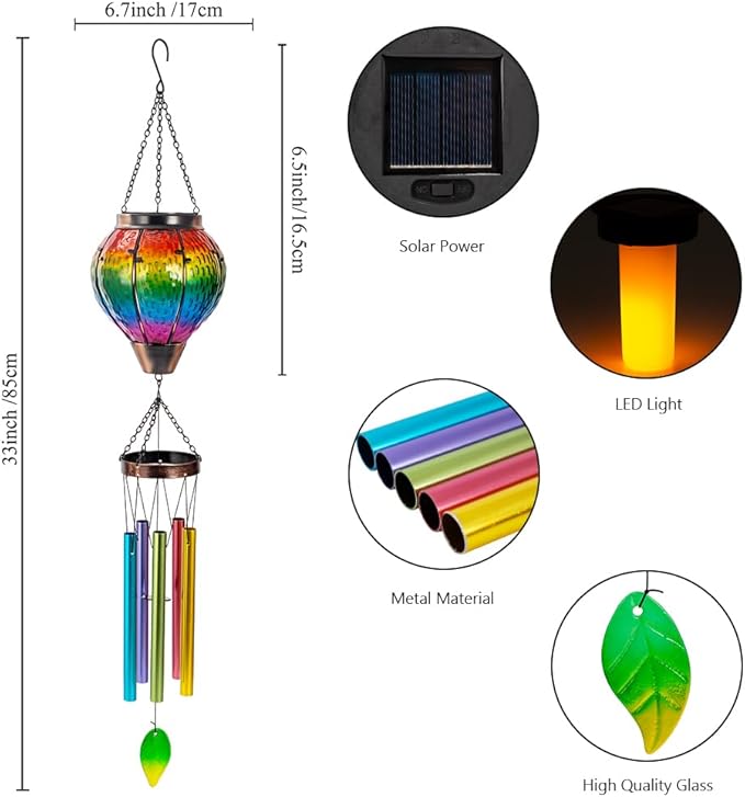 Starsoul Solar Wind Chimes for Outside, Rainbow Hot Air Balloon with Flickering Flame Solar Wind Chime, Glass Windchimes Outdoors Garden Decor, Gift for Mother's Day Mom Grandma