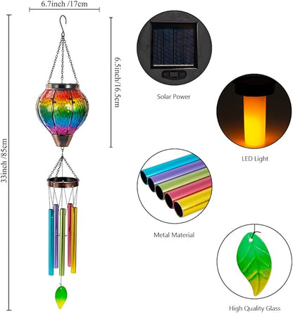 Starsoul Solar Wind Chimes for Outside, Rainbow Hot Air Balloon with Flickering Flame Solar Wind Chime, Glass Windchimes Outdoors Garden Decor, Gift for Mother's Day Mom Grandma