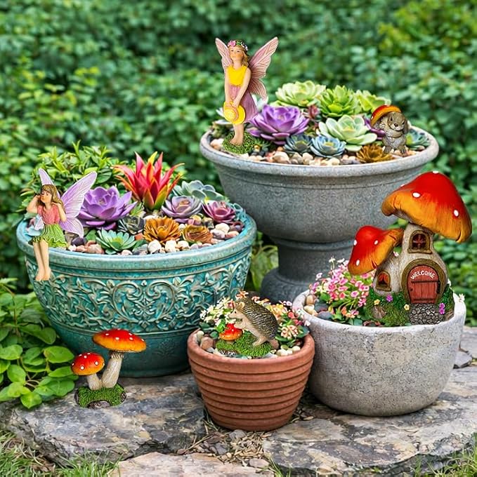 Mood Lab Fairy Garden Figurines - Mushroom House Set (6 pcs) - Miniature Decorative Statues & Accessories - Outdoor & Indoor Garden Decor