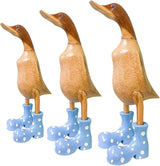 Wooden Crafted Duck Figurine with Spotty Wellies Funny Standing Duck Statues Decorative Resin Rain Boot Animal Sculpture Collectible Crafts Waterproof Garden Lawn Ornament (Blue, 9.8Inch)
