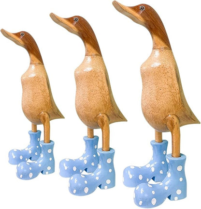Wooden Crafted Duck Figurine with Spotty Wellies Funny Standing Duck Statues Decorative Resin Rain Boot Animal Sculpture Collectible Crafts Waterproof Garden Lawn Ornament (Blue, 7.9Inch)