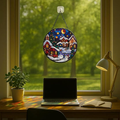 Stained Glass Window Hanging - Christmas Snowy Village at Night Sun Catchers Panel for Indoor Decorative Display for Mom, Wife, Lovers, Festive