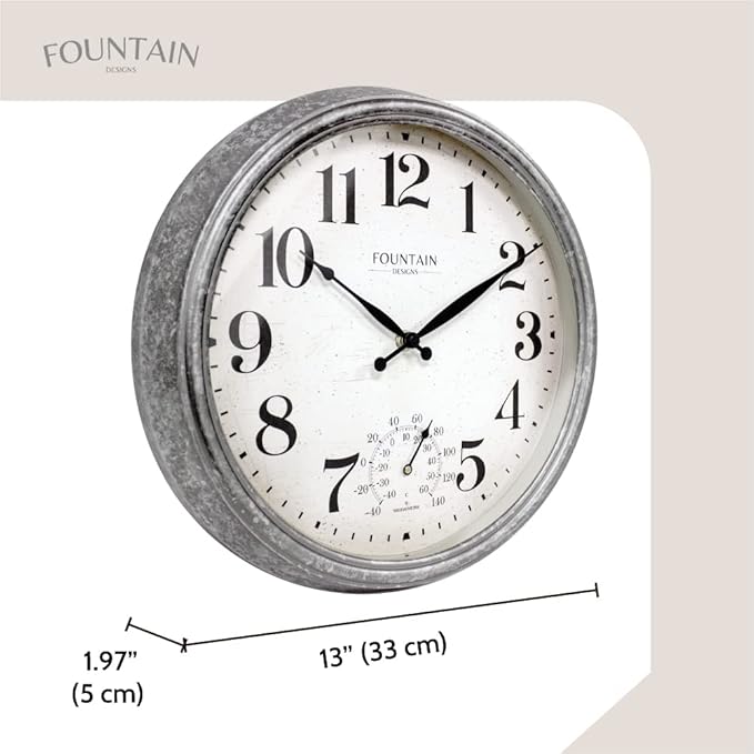 Maison in/Outdoor Clock with Thermometer, 2 in One Weather Station (Weather Thermometer/Wall Decoration) (Galvanized, 13 inch)