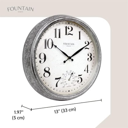 Maison in/Outdoor Clock with Thermometer, 2 in One Weather Station (Weather Thermometer/Wall Decoration) (Galvanized, 13 inch)