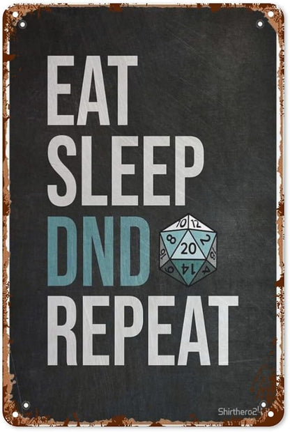 Retro Tin Signs Eat Sleep Dnd Repeat Vintage Metal Wall Decor for Home,Garden,Office,and Outdoor Aesthetic Room Decor and Wall Art 8x12IN
