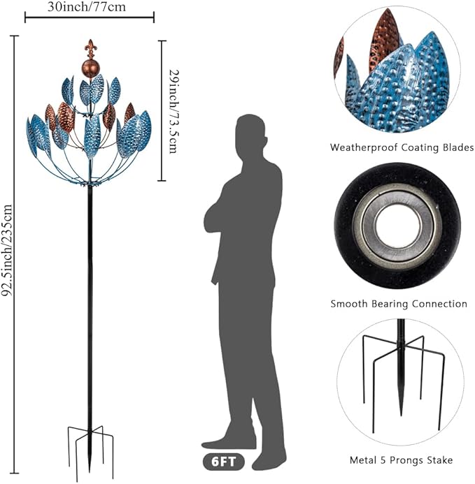 Stargarden Outdoor Metal Large Wind Spinners, 360 Degrees Swivel Kinetic Wind Sculptures-30 Dia*92.5" H Large Windmill, Metal Yard Art Garden Decor