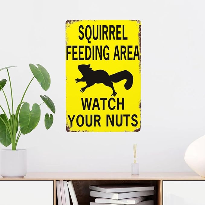 Retro Funny Metal Sign Sheet Signs Tin Sign,Squirrel Feeding Area Watch Your Nuts,Outdoor Home Wall Decoration,Size：8x12inch