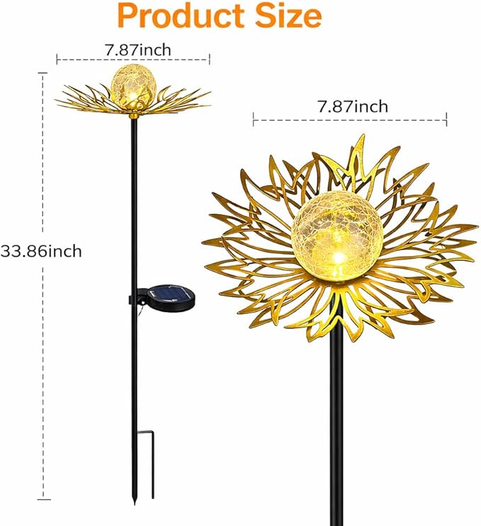 Solar Garden Lights Outdoor Decor, Metal Flower Stake Light with Warm White Crackle Glass Globe, Waterproof Decorative Solar Yard Art for Patio Lawn Backyard Pathway, Gardening Gift, Gold