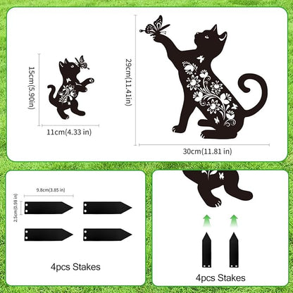 Cat Garden Stake Outdoor Set of 2 Metal Black Cat Yard Decor Lawn Ornament, Cute Cat Lover Gift for Women Men, Weather-Resistant Black Cat Silhouette Statues Yard Art for Patio