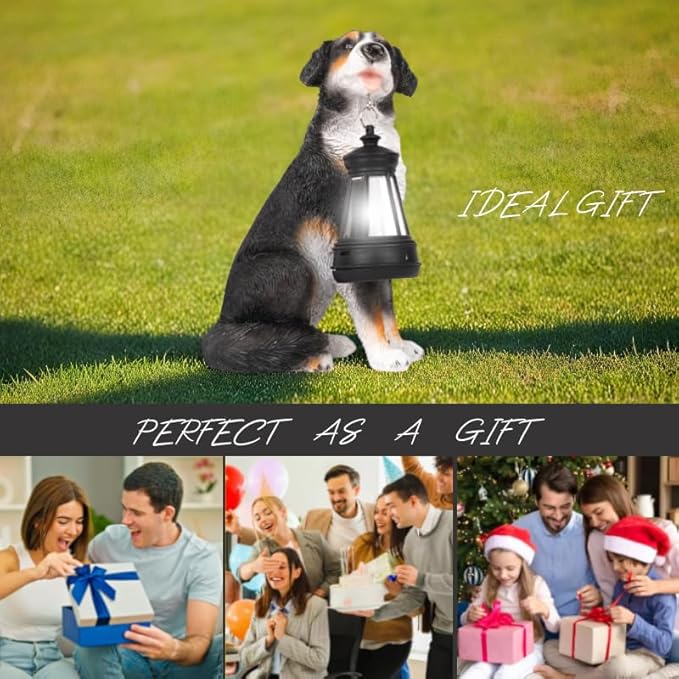 Solar Garden Dog Statue with Lanterns Outdoor Bernese Mountain Dog Garden Decor Figurine Lights for Patio Balcony Shelf Tabletop Lawn, Unique Housewarming Birthday Thanksgiving Gifts for Women Mom