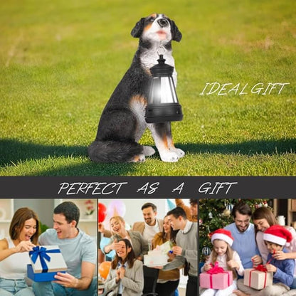 Solar Garden Dog Statue with Lanterns Outdoor Bernese Mountain Dog Garden Decor Figurine Lights for Patio Balcony Shelf Tabletop Lawn, Unique Housewarming Birthday Thanksgiving Gifts for Women Mom