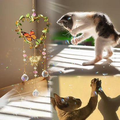 Heart Suncatchers Window Hanging, Colorful Crystal Suncatcher with Butterfly, Crystals Light Catcher with Prisms for Indoor Outdoor Home Garden Wedding Decor