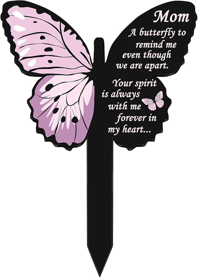 Geosar Mom Memorial Stakes Cemetery Grave Plaque Stake Markers Memorial Butterfly Plaques for Outdoors Sympathy Garden Stake Acrylic Waterproof Garden Grave Decoration(Cute Style)