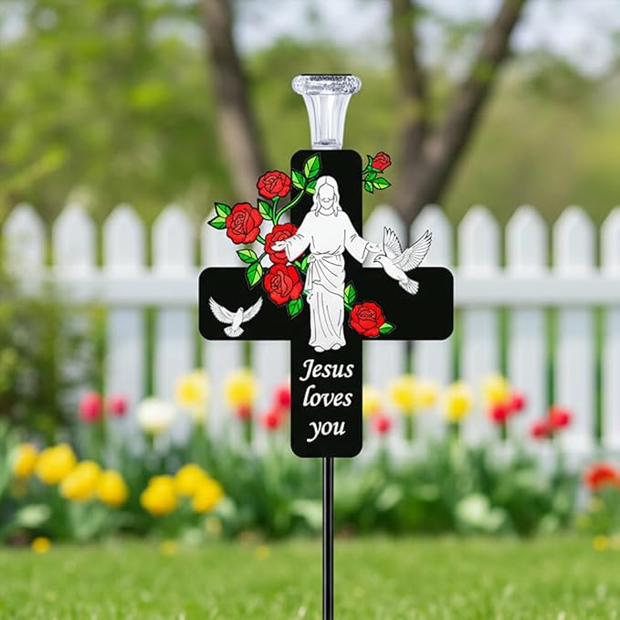 Solar Jesus Cross Memorial Stake with Rose - Religious Metal Cemetery Decorations, LED Christian Grave Marker, Sacred Sympathy Gift for Loss of Loved One (J Cross)
