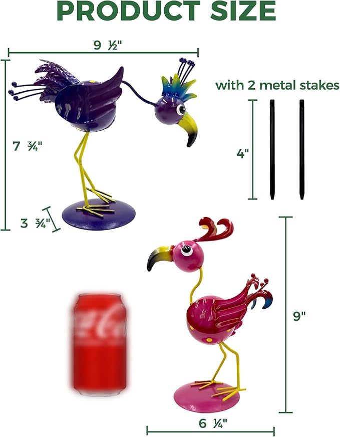 Whimsical Metal Bird Garden Statues Set of 2, Colorful Outdoor Yard Art with Stakes, Weather-Resistant Metal Bird Figurines for Garden Lawn Patio Decor, Cute Garden Gift