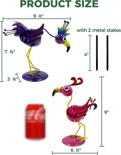 Whimsical Metal Bird Garden Statues Set of 2, Colorful Outdoor Yard Art with Stakes, Weather-Resistant Metal Bird Figurines for Garden Lawn Patio Decor, Cute Garden Gift
