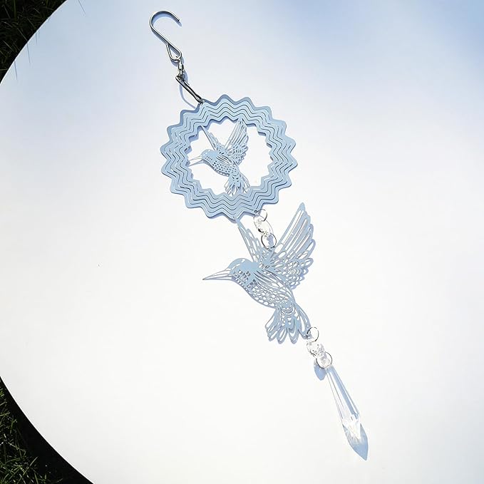 LONGSHENG - SINCE 2001 - Crystal Suncatcher Wind Spinner Pendant Hanging Silver Hummingbird Ornament Rainbow Maker Garden Patio Sun Catcher Glass Crystals for Indoor Outdoor Decoration