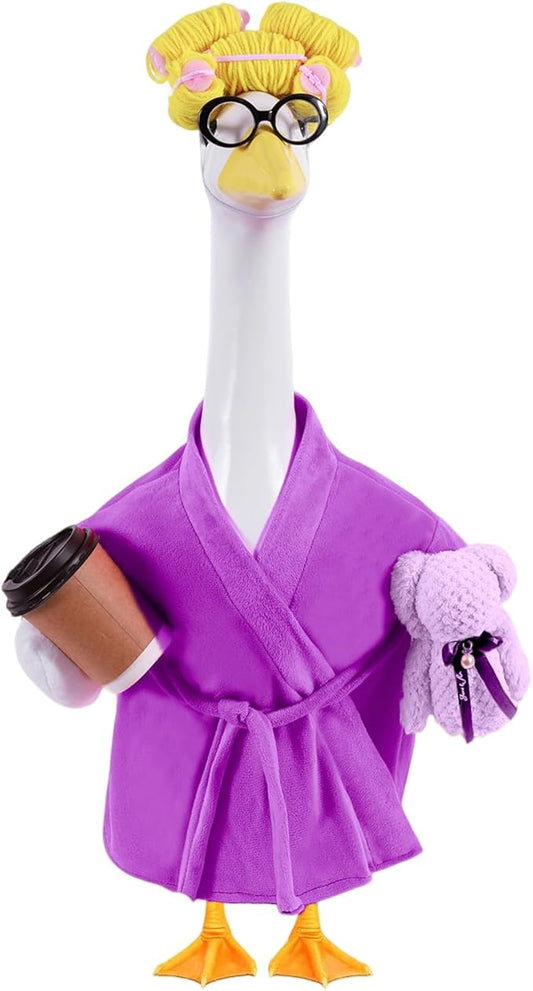 Lady Porch Goose Outfits,Bathrobe Porch Goose Statue Costume with Curlers Reading Glasses Coffee Cup Towel, Cute Goose Clothes for 23-Inch Cement Statue, Lawn Yard Garden Patio Decor(Dark Purple)
