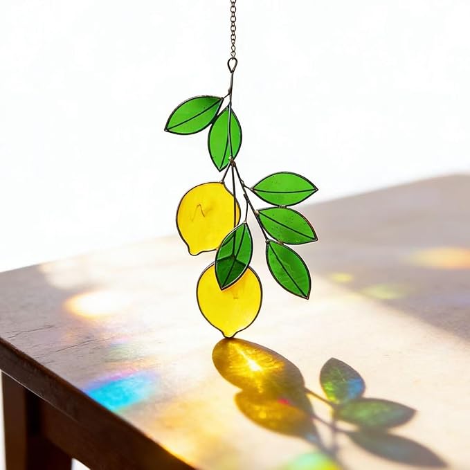 Lemons Leaf Green Artificial Plants, Handcrafted Stained Glass Window Wall Hanging Suncatchers, Fake Plants as Gifts for Houseplant Lovers