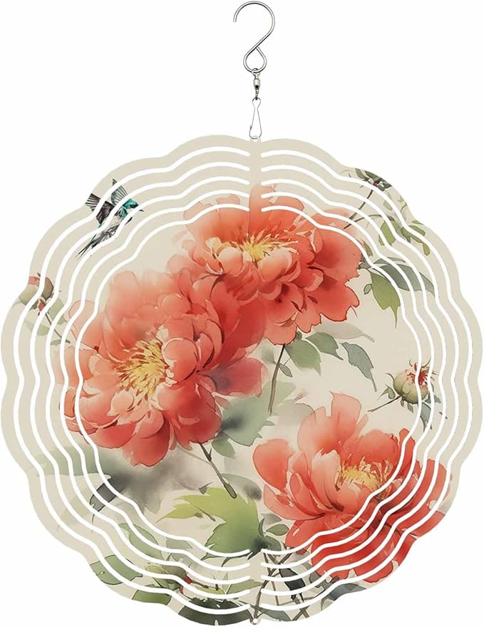 Stainless Steel Wind Spinner for Yard Garden Decoration, Vintage Watercolor Red Hibiscus Leaves Bird Round Wind Sculpture Spinner 3D Crafts Hanging Ornaments for Indoor Outdoor 8 Inch