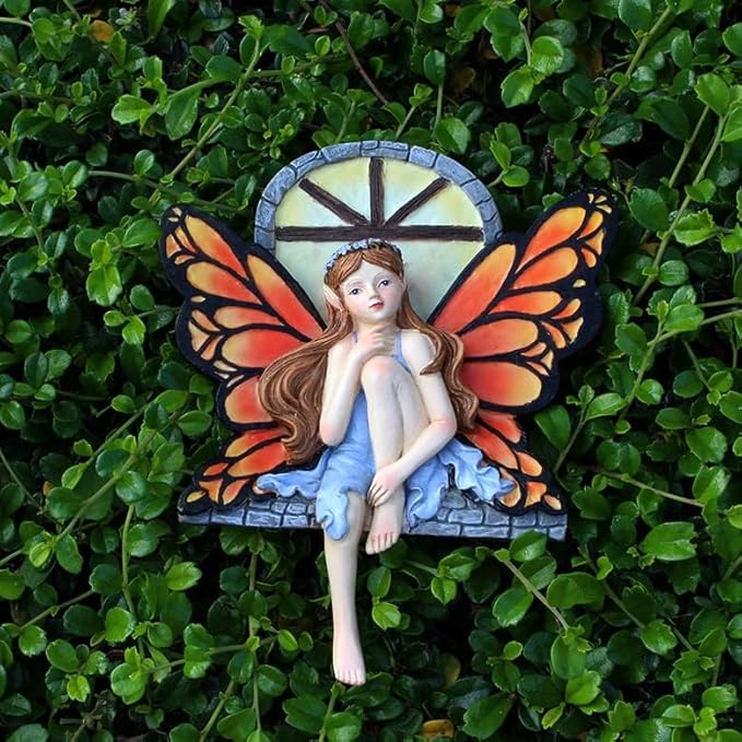 Fairy Out The Window Tree Hugger Garden Statue, Glow in The Dark Resin Fairy Figurine Wall Art Sculpture Outdoor Tree Faces Decor for Patio Lawn Yard Ornaments (Red)