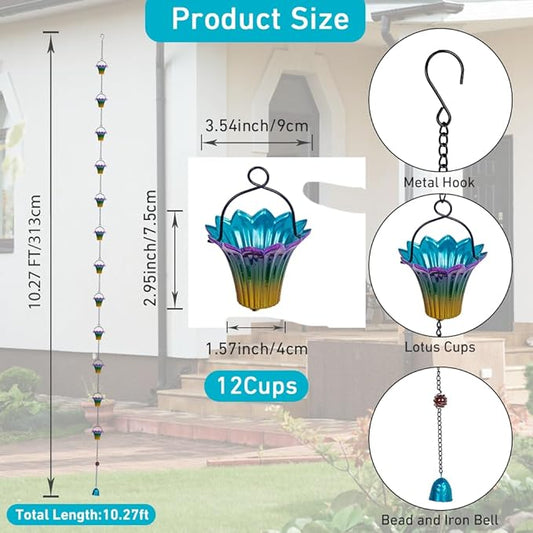 10FT Rain Chains for Outside, Rain Gutter Chain with 12 Lily Cups, Adjustable Rain Water Chain with Bell for Eaves Drainage, Replacement for Downspout