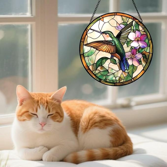 Stained Glass Window Hanging - Green Hummingbirds and Purple Flowers 6.3 Inches Suncatcher for Garden Home Decor for Women Mon Grandma Friends