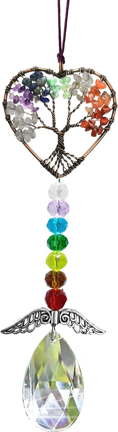 Healing Crystal Decor Tree of Life Car Hanging Accessories Suncatcher with Wings 7 Chakras Window Wall Hanging Decor Meditation Ornaments Home Decoration