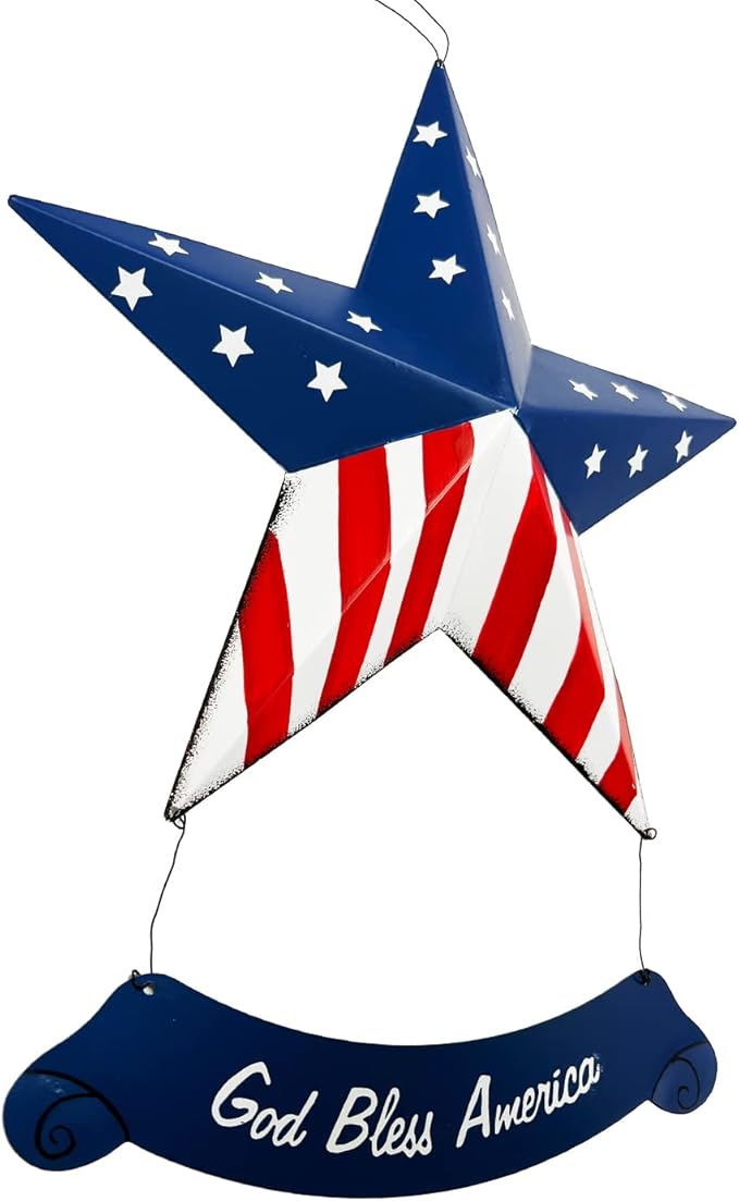 Rustic Metal 3D Barn Americana Stars, Patriotic USA Flag Wall Star with God Bless America Sign, July 4th Country Decor for Indoor & Outdoor Wall Decoration