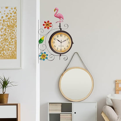 Flamingo Vintage Double Sided Wall Clock with Metal Frame Antique Wall Clock for Outdoor Decorative Art Decor for Living Room Restaurants Office Kitchen Silent Watches & 360 Degree Rotate