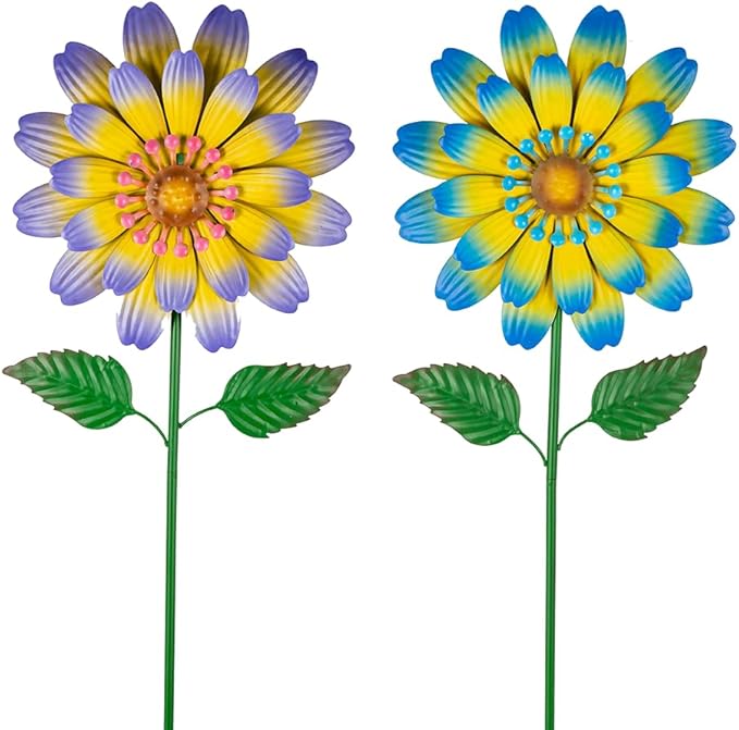 Metal Flower Decorative Garden Stakes,2 Pack Spring Outdoor Decor Large Metal Yard Art for Flower Bed Yard Lawn Decor