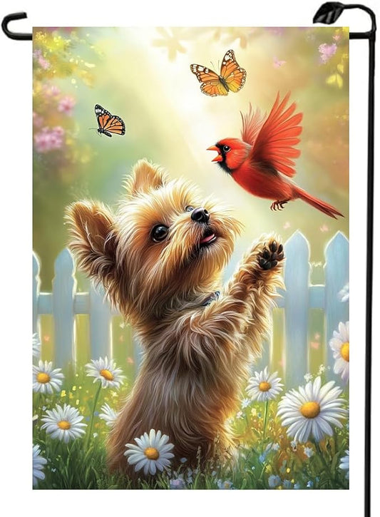 Spring Summer Garden Flags for Outside 12x18 Double Sided, Small Burlap Yorkie Dog Cardinal Floral Garden Flag Spring Summer Outdoor Yard Decorations