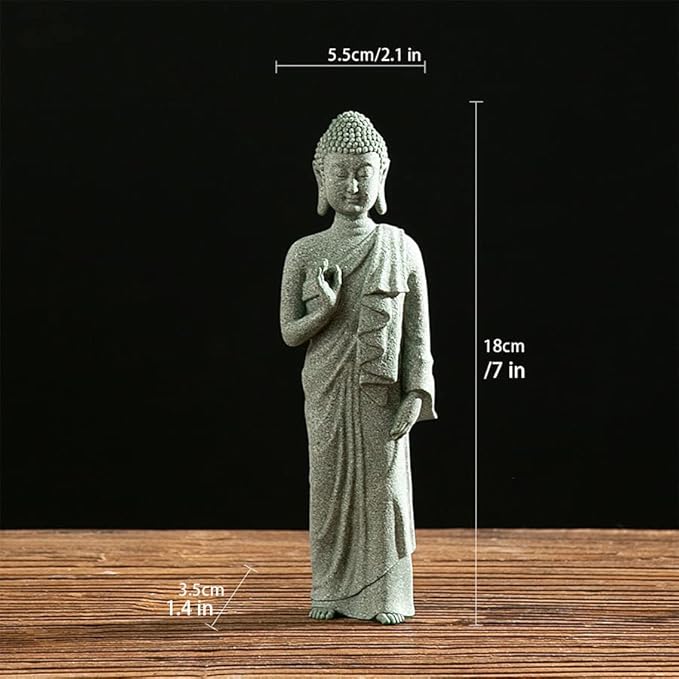 Mini Buda Meditating Buddah Statue-Natural Sandstone Stone -Handmade for Zen Garden Fish Aquarium Tank Yoga Bonsai Micro Landscape Spiritual Fengshui Praying Shui Chakra Decor (standing right hand)