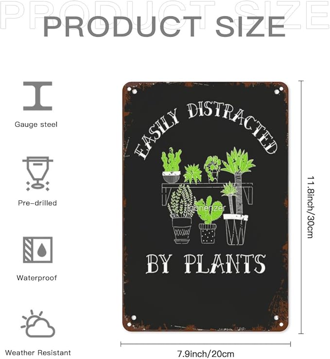 Retro Metal Tin Sign Easily Distracted By Plants Plant Loverer Plant Lady Plant Plant Mommys Funny Wall Decor for Home,Garden,Patio,Yard,Office,Vintage 8x12 Inches Room Decorations