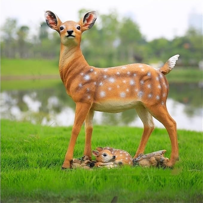 Garden Ornament, Resin Sika Deer Sculpture, Outdoor Garden Crafts Statue Ornament, Simulation Deer Decor Statue for Park, Lawn(17.7x18.5x6.3in)