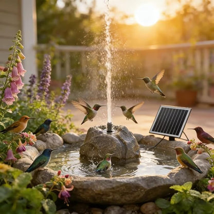 Realistic Granite Rock Solar Bird Bath Fountain, Exquisite Solar Fountain for Bird Bath, Solar Powered Water Fountain with 10 Nozzles, for Garden, Pond, Bird Baths (White)