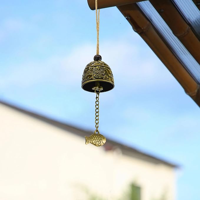 MrMrKura 4 Pcs Vintage Dragon Fengshui Bell, Brass Bless Wind Chimes for Outside Hanging Bell for Good Luck Home Garden Patio Indoor Outdoor Decor