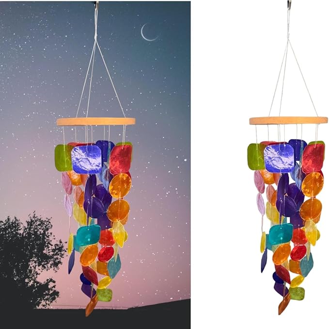 Top Brass 24” Rainbow Windchime – Unique Capiz Seashells with Square and Round Shells – Blue, Green, Red, Orange, Yellow, Purple and Aqua - Soothing Soft Sounds - Hanging Outdoor Porch Patio Décor