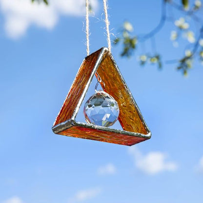 H&D HYALINE & DORA Handcrafted Pyramid in Stained Glass, Stained Glass Window Sun Catcher Hangings Ornament, Crystal Ball Prism Decor for Home Table,Orange