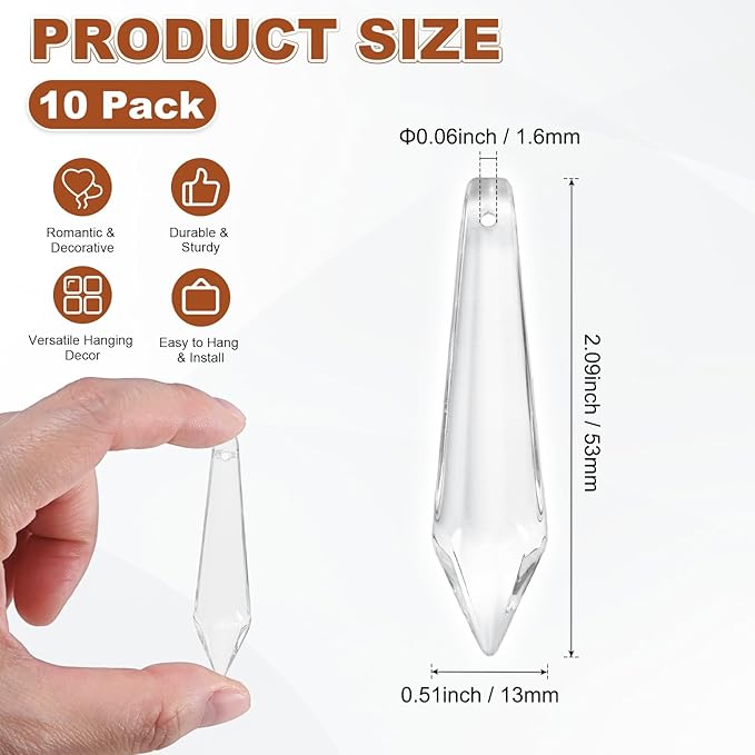 M METERXITY 10-Pack Crystal Icicle Prisms, 53mm/2.09 Inch Chandelier Pendant Maker Hanging Crystals Chandelier Prisms for Home/Windows/Garden/DIY Decoration[Clear]