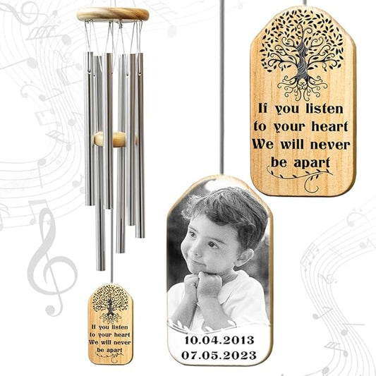Personalized Sympathy Wind Chimes for Loss of Loved One, 17 Inches, Tree of Life - Add Photo and Text - Metal Tubes and Custom Wooden Striker Windcatcher