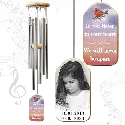 Personalized Sympathy Wind Chimes for Loss of Loved One, 17 Inches, Cardinal - Add Photo and Text - Metal Tubes and Custom Wooden Striker Windcatcher