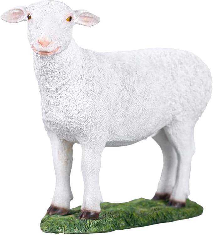 White Standing Lamb Garden Statue, Decorative Resin Sheep Figurine on Grass Base, Farmhouse Animal Outdoor Decor