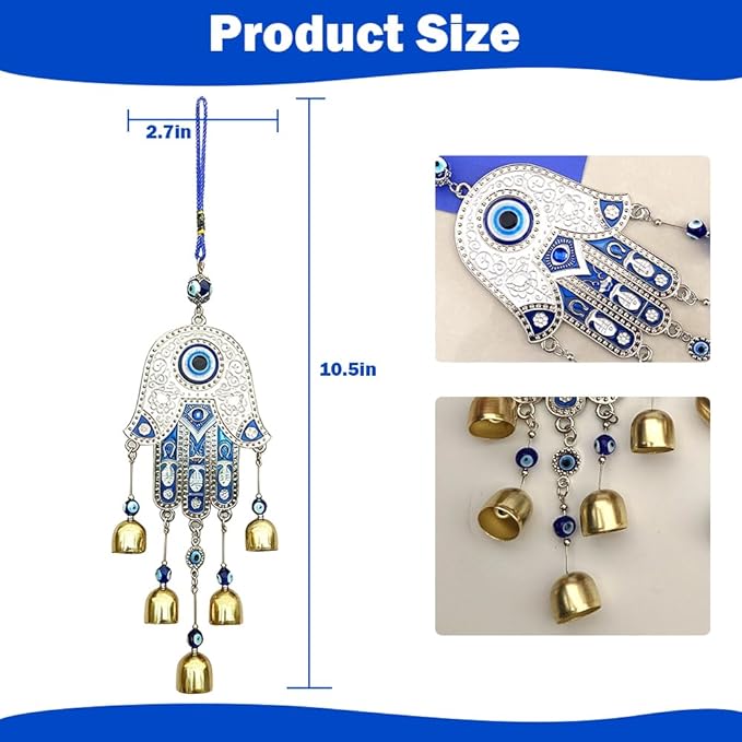 Evil Eye Metal Wind Chimes with Bell, Handing Wind Chime for Home Decoration Accessories, Blue Lucky Evil Eye Wall Decor Pendant for Indoor