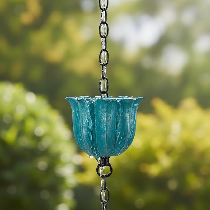 8ft Rain Chains for Gutters, Lotus Rain Chain with 10-Cup, Adjustable Rain Catcher Chain with Bell, Replacement Downspout for Gutters, Eaves, Drainage