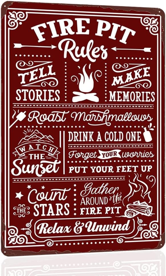 Fire Pit Rules Vintage Metal Tin Sign, Eat Drink and Roast, Relax and Unwind, Art Poster Funny Wall Decoration for Outdoor Yard 12x8 Inch