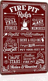 Fire Pit Rules Vintage Metal Tin Sign, Eat Drink and Roast, Relax and Unwind, Art Poster Funny Wall Decoration for Outdoor Yard 12x8 Inch