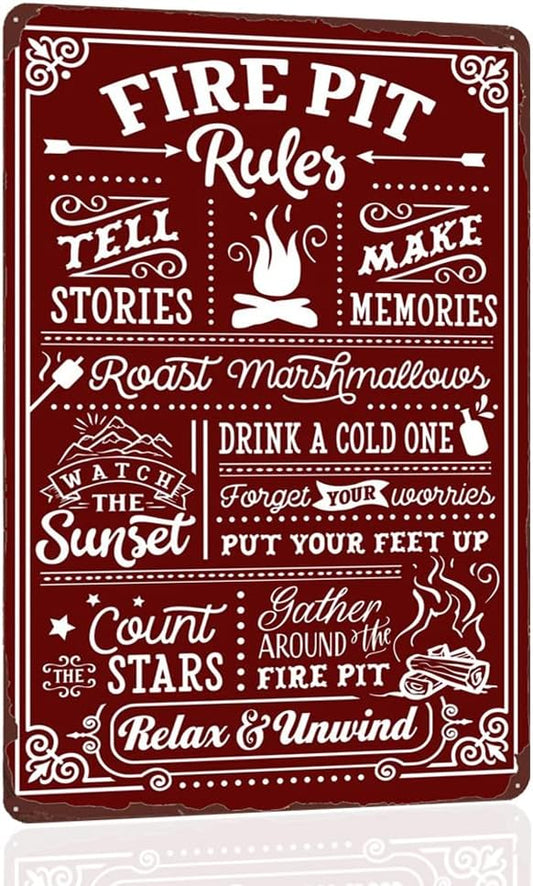 Fire Pit Rules Vintage Metal Tin Sign, Eat Drink and Roast, Relax and Unwind, Art Poster Funny Wall Decoration for Outdoor Yard 12x8 Inch